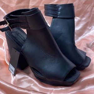 Black Faux Leather Peep Toe Heel